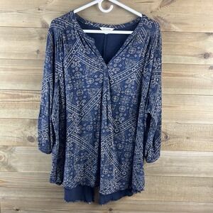 Lucky Brand Womens Shirt 3/4 Sleeve Bandana Print Boho Popover Blue Size 2X